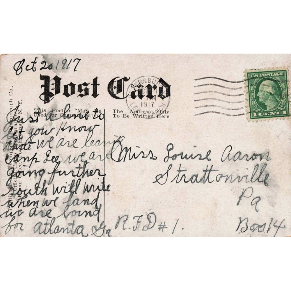 Vintage 1917 Camp Lee VA WWI Postcard Thompson Photograph Co Petersburg VA Stamp - Picture 2 of 2